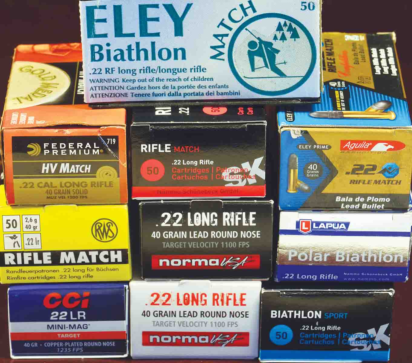 A cross section of some of the most accurate .22 LR ammunition on the market. The average for 10, 10-shot groups at 50 yards – one group from each brand – was 1.13 inches. The best was .95 inch, the worst was 1.45 inches.